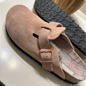 Birkenstock Suede Slip-On Clog in Dusty Rose and Black NEW